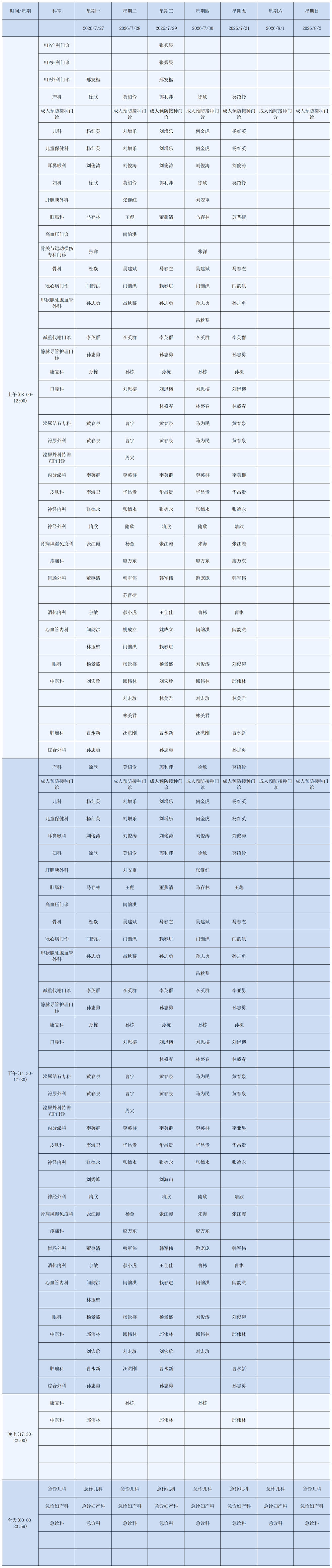 7月门诊排班表_7月第5周(7.27-8.2)